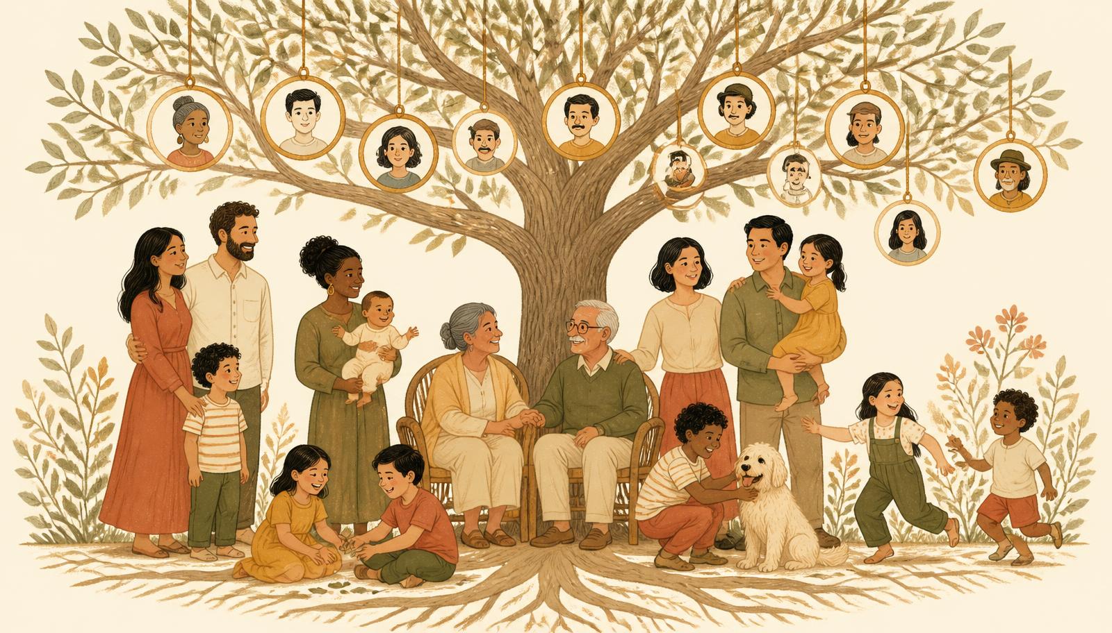 Illustration d'une grande famille réunie sous un arbre : grands-parents, parents, enfants et cousins, avec des portraits suspendus aux branches